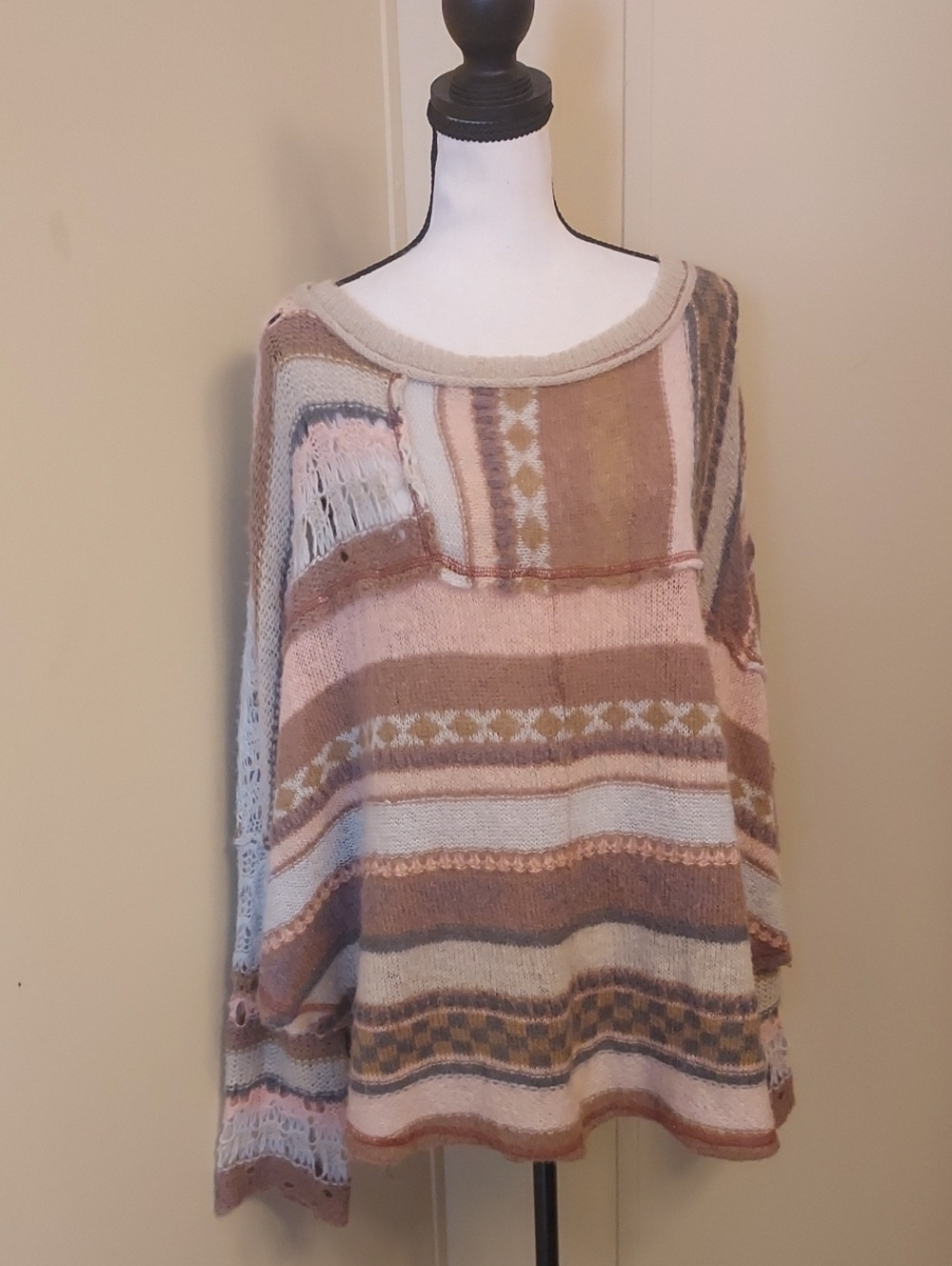 Free People cream and brown fuzzy sweater
